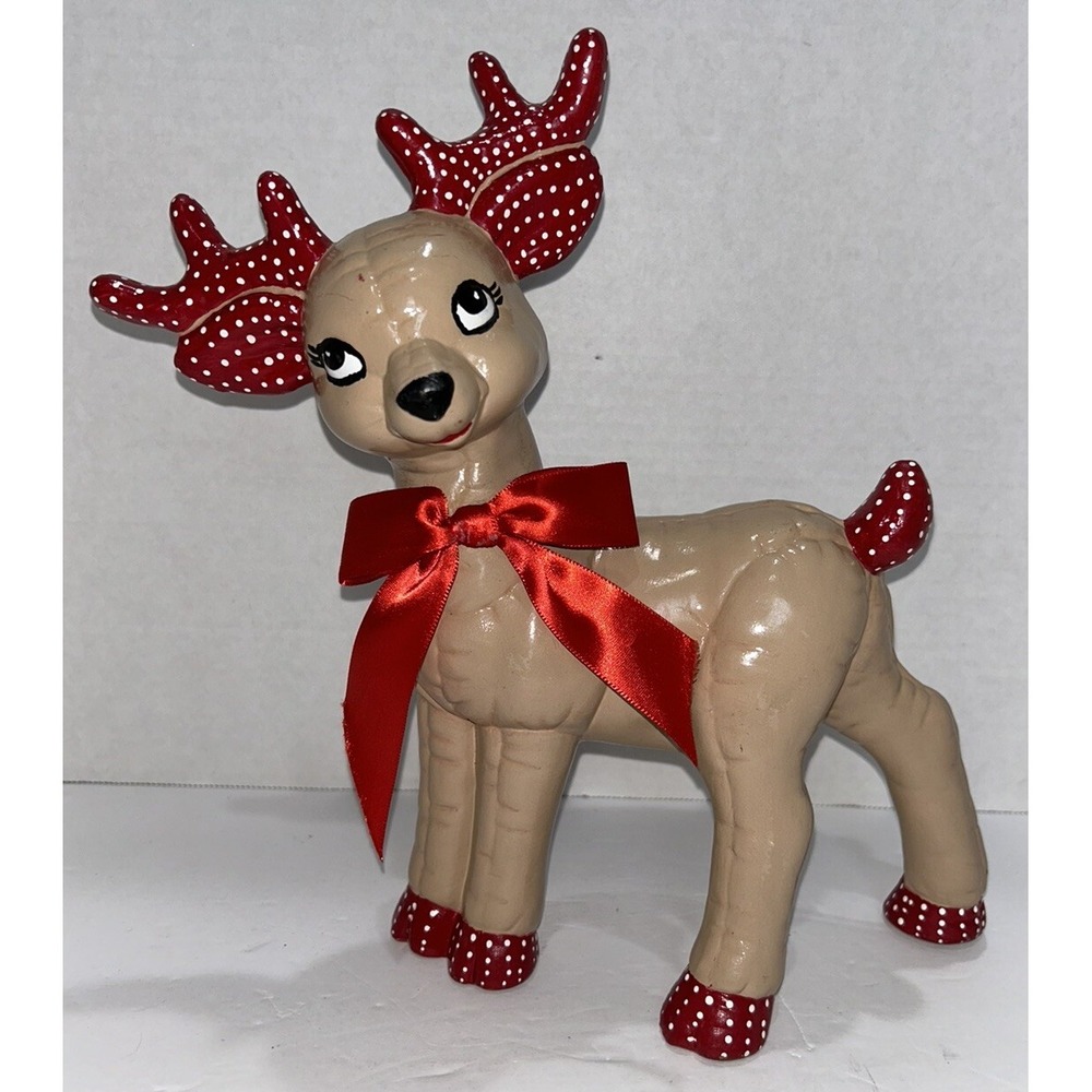 Ceramic Mold Christmas Reindeer Standing Figurine Hand Painted Quilted 80s VTG